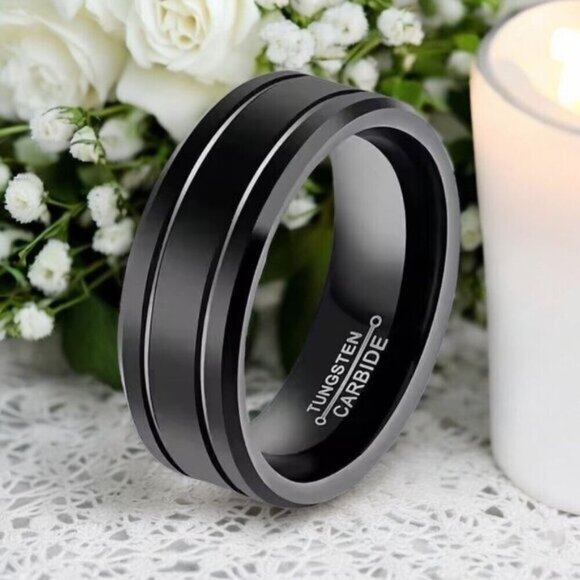 Men’s 8mm Black Tungsten Carbide Wedding Band – Comfort Fit Ring Size 11 - Picture 3 of 6